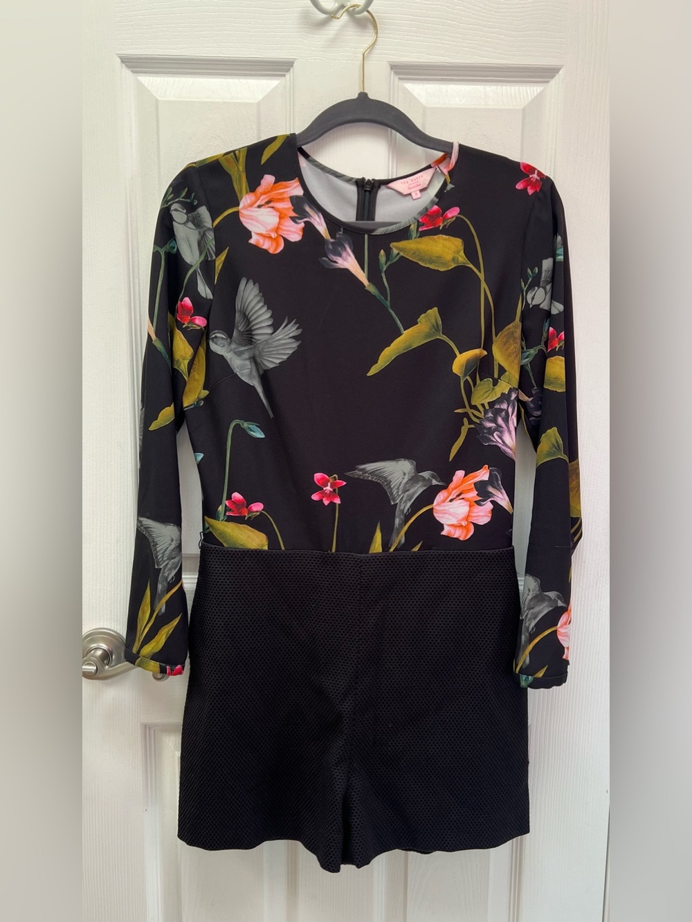 Ted Baker Imia Black Floral & Bird Print Romper Size 8
